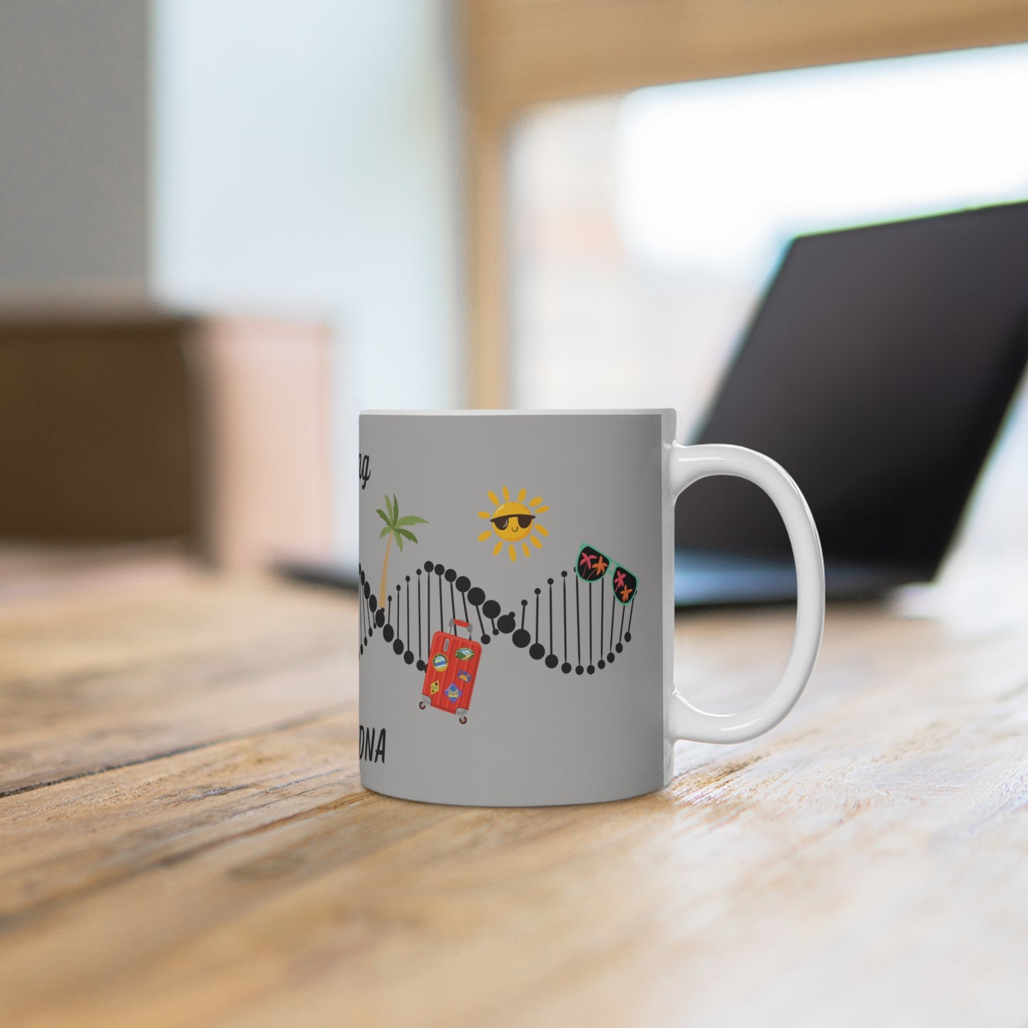 "Travelling is in my DNA" - ceramic light grey mug