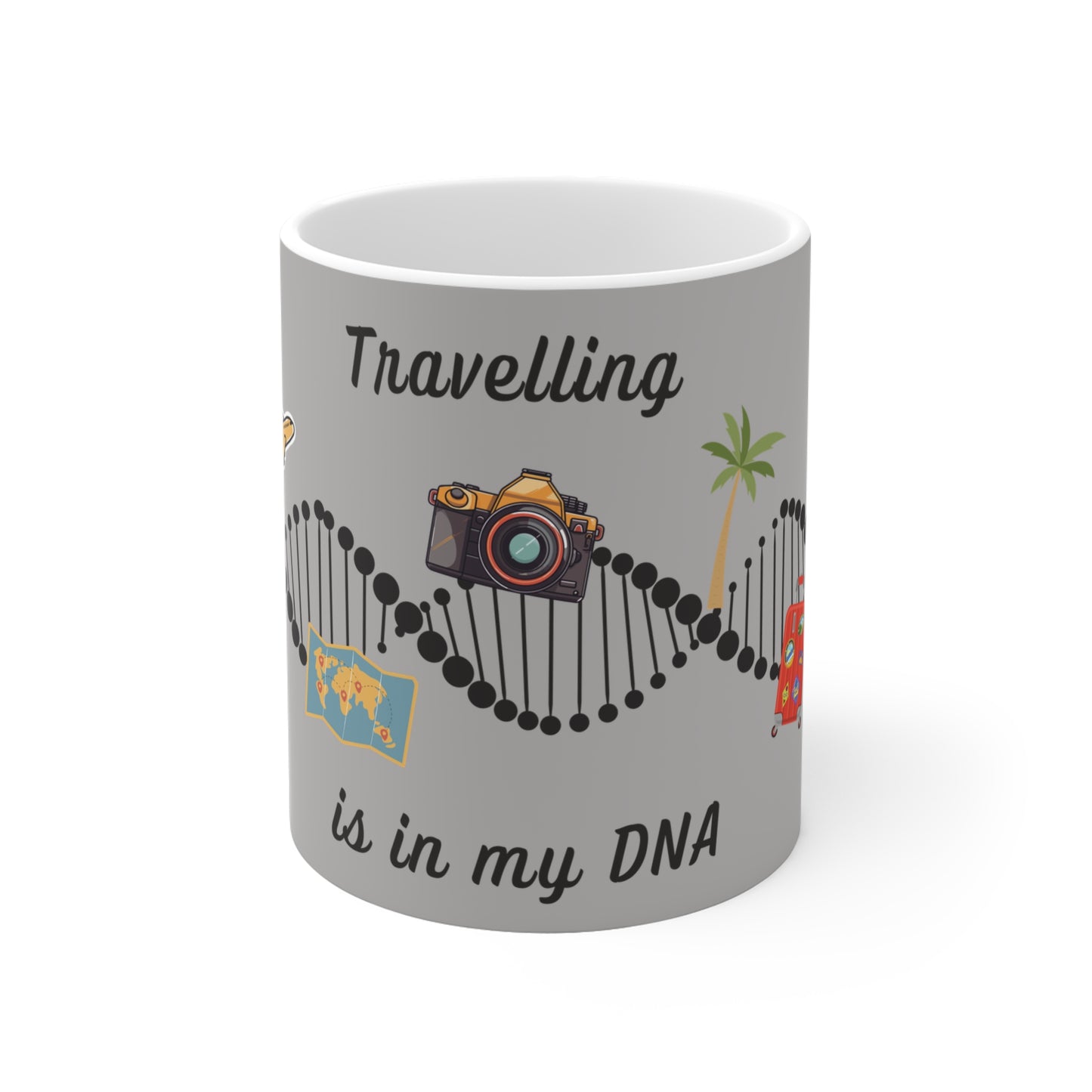 "Travelling is in my DNA" - ceramic light grey mug