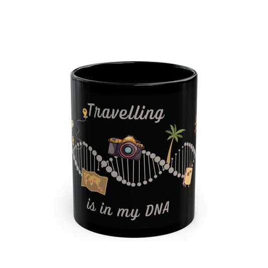 "Travelling is in my DNA" black mug